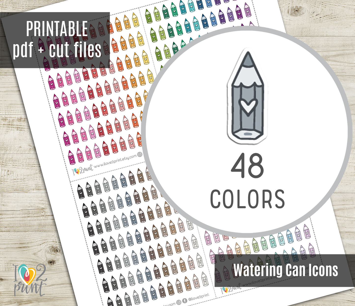 Pencil Mini Icons Printable Planner Stickers | 48 Colors | Study Work Task Labels | PDF Cut Files