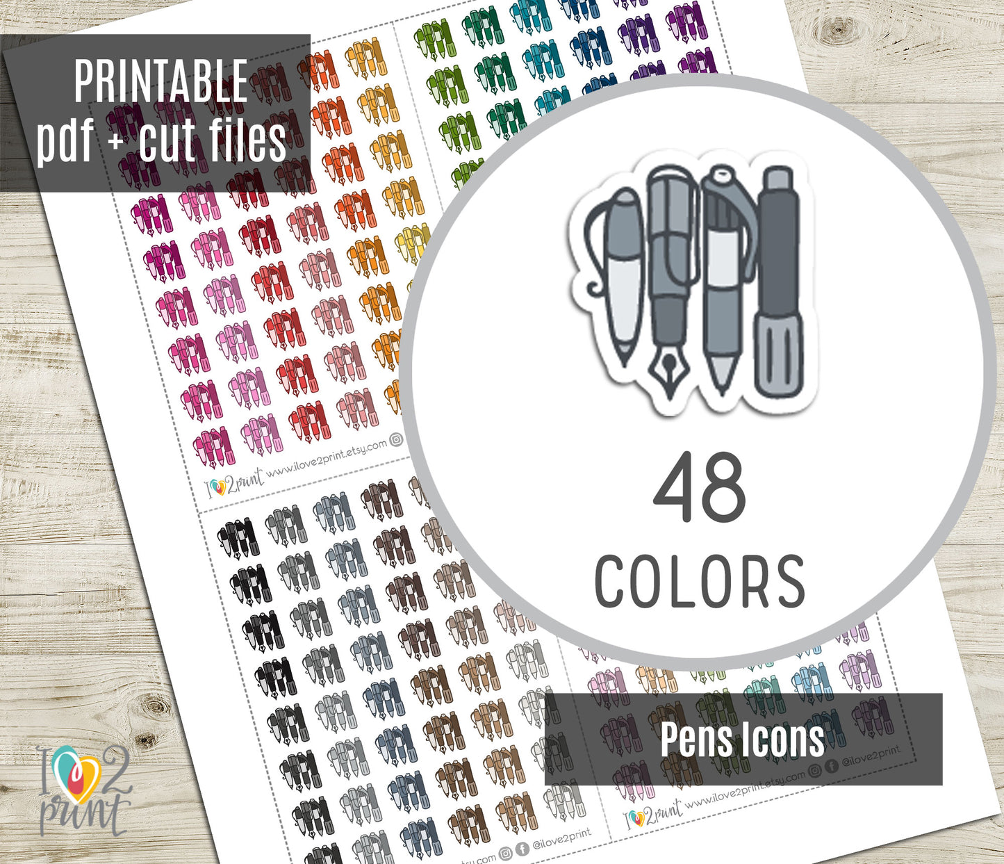 Pen Set Icons – Functional Printable Planner Stickers in 48 Colors – PDF & Cut Files