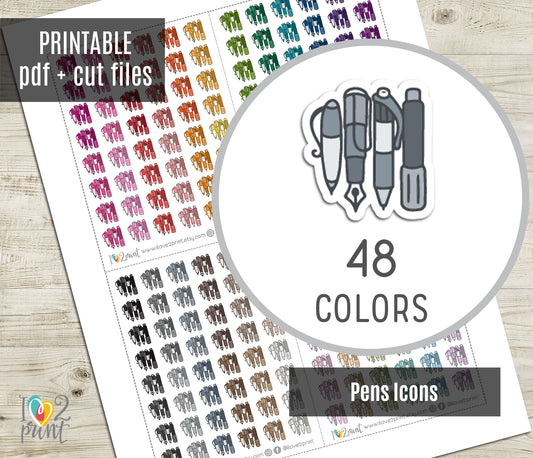 Pen Set Icons – Functional Printable Planner Stickers in 48 Colors – PDF & Cut Files