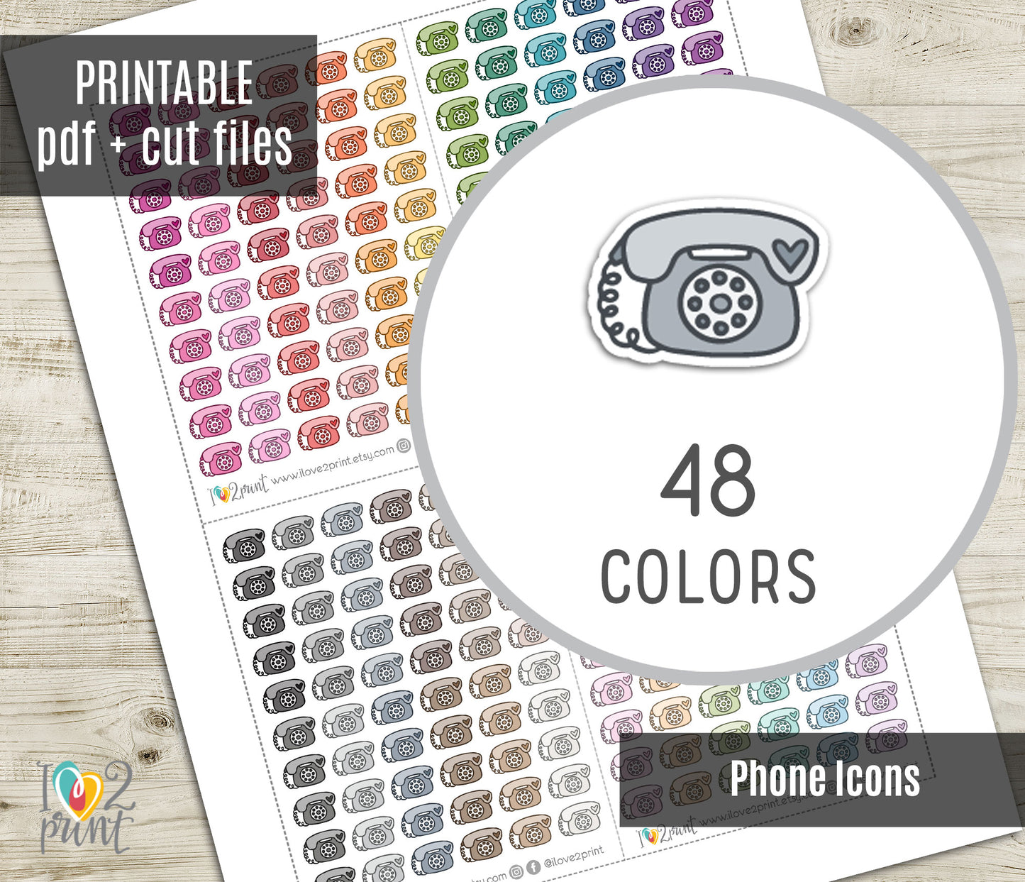 Landline Phone Mini Icons Printable Planner Stickers | 48 Colors | Retro Call Labels | PDF Cut Files