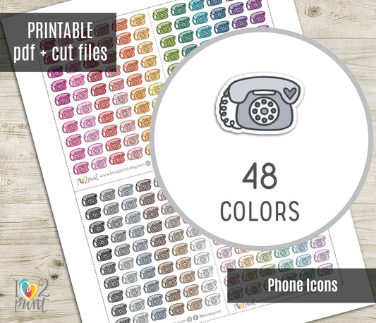 Landline Phone Mini Icons Printable Planner Stickers | 48 Colors | Retro Call Labels | PDF Cut Files