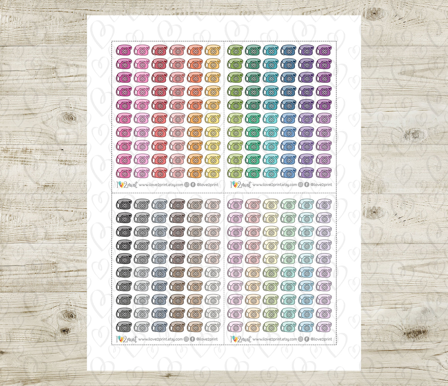 Landline Phone Mini Icons Printable Planner Stickers | 48 Colors | Retro Call Labels | PDF Cut Files