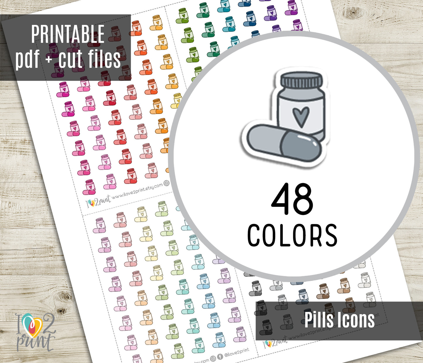 Pills Mini Icons – Functional Printable Stickers in 48 Colors – PDF & Cut Files