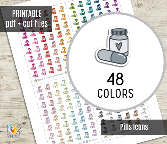 Pills Mini Icons – Functional Printable Stickers in 48 Colors – PDF & Cut Files