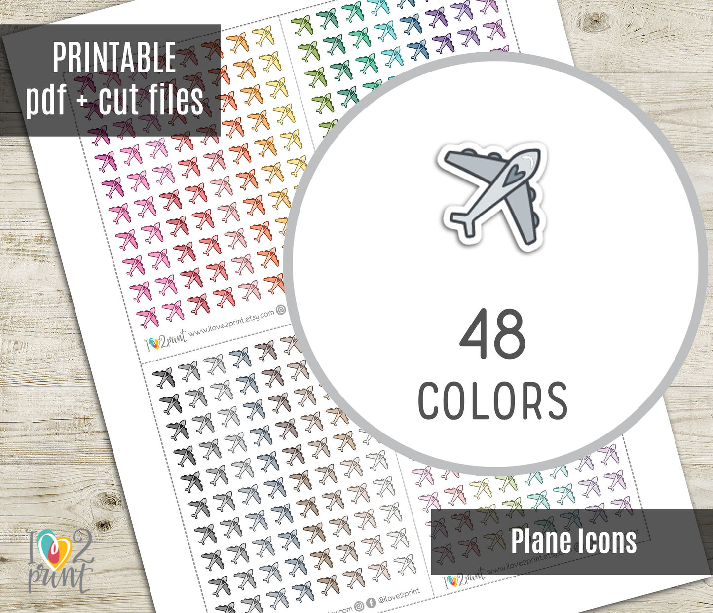 Plane Mini Icons Printable Planner Stickers | 48 Colors | Travel Flight Labels | PDF Cut Files