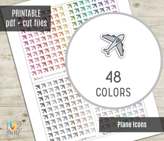 Plane Mini Icons Printable Planner Stickers | 48 Colors | Travel Flight Labels | PDF Cut Files