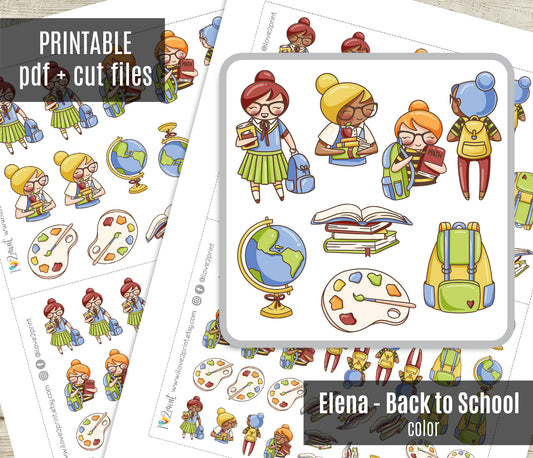 Elena Back to School – COLOR Printable Planner Stickers – Study & Supplies – PDF + Cut Files