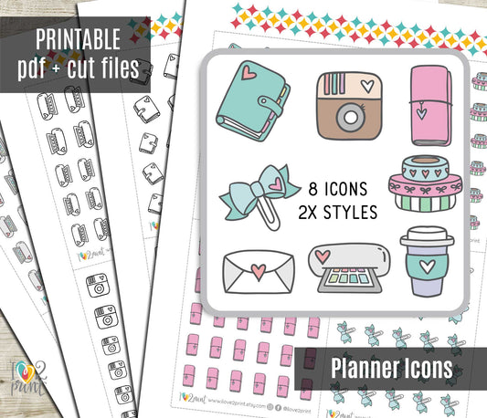 Planner Girl Essentials Icons Stickers Set  - Functional Printable Stickers - PDF & Cut Files