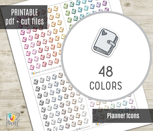 Planner Binder Mini Icon Printable Stickers | 48 Colors | PDF Cut Files
