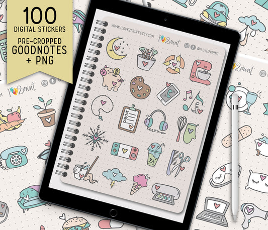 100 Doodle Daily Icons - Pre-Cropped COLOR GoodNotes Book Digital Planner Sticker
