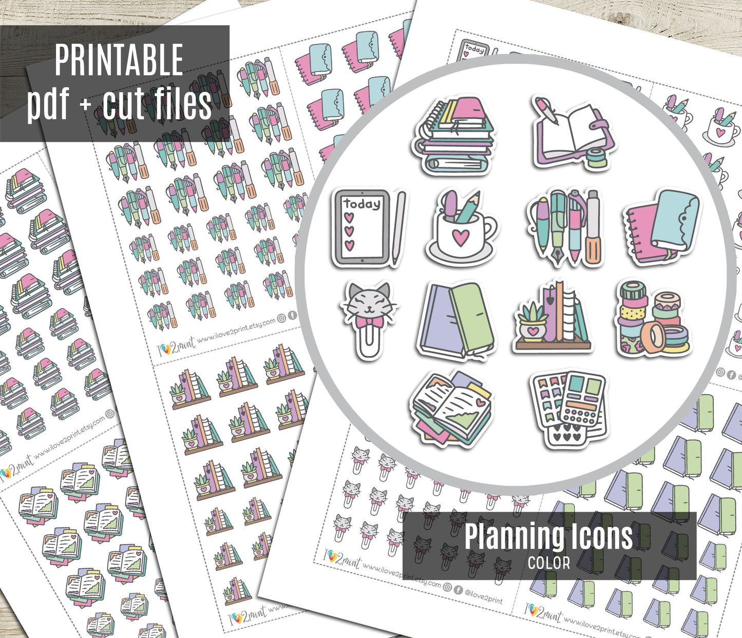 Planning Icons Printable Icons Stickers –  Color Planner Icons - PDF & Cut Files