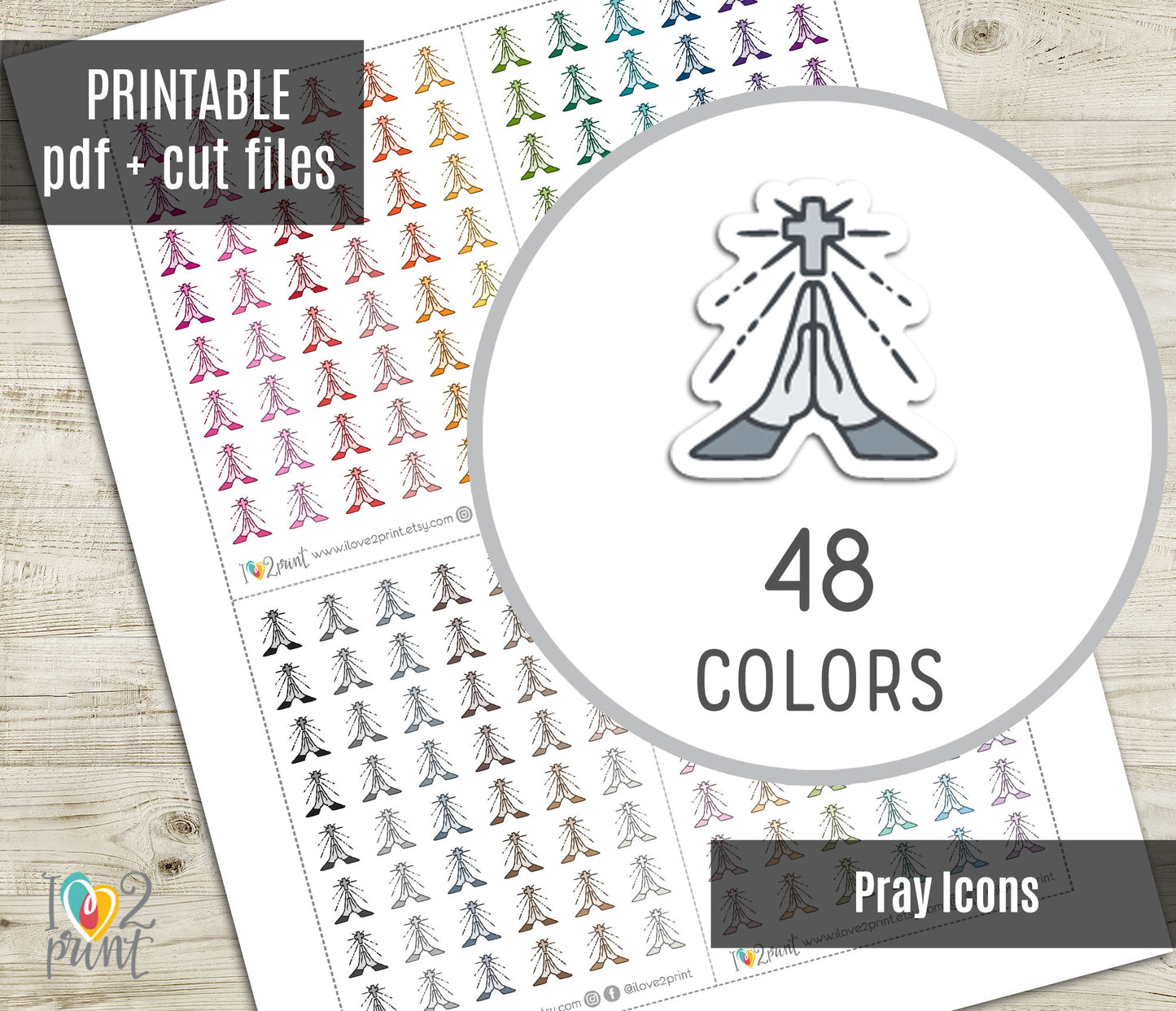 Pray Icon – Functional Printable Stickers in 48 Colors – PDF & Cut Files