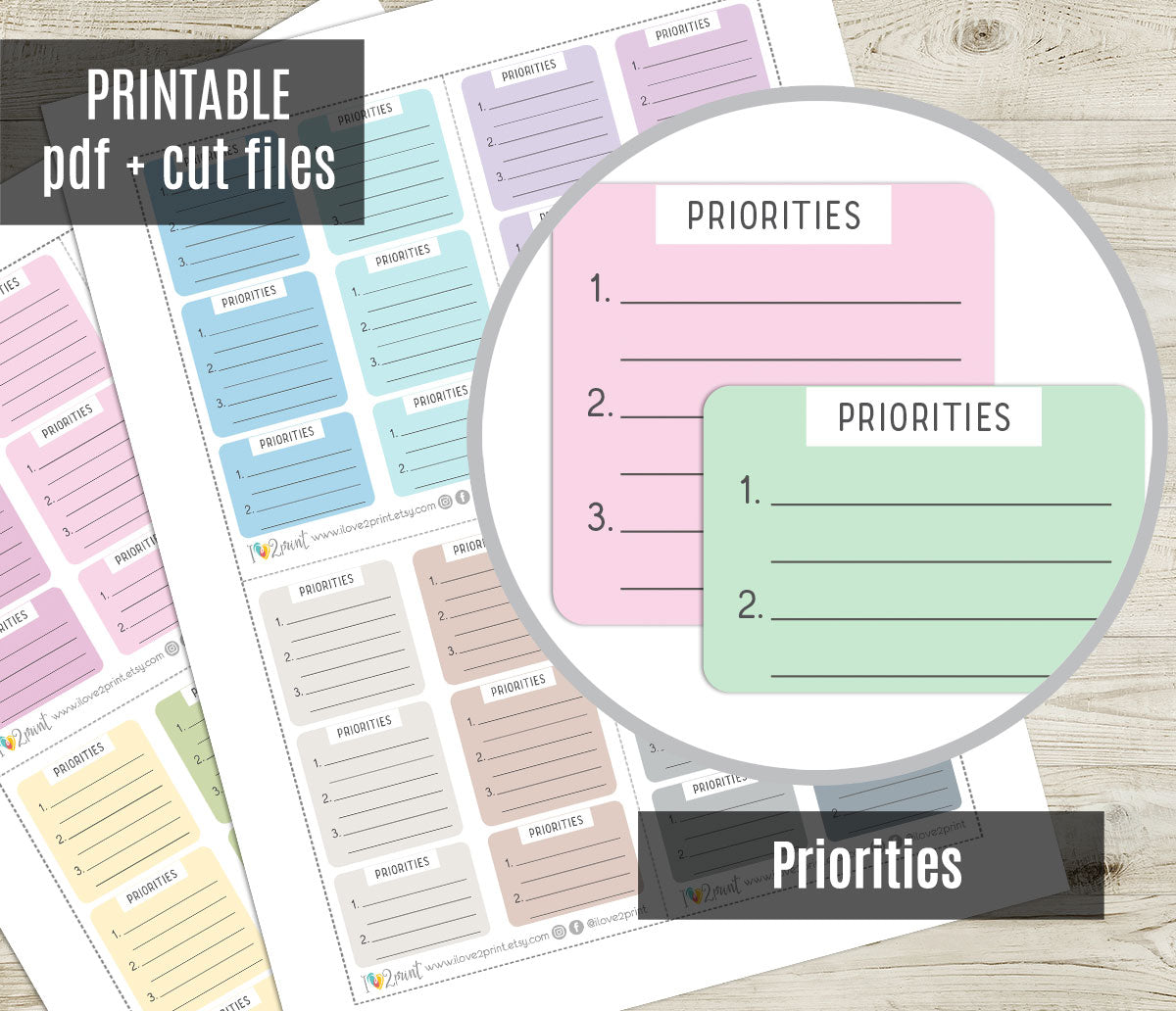 Sheet of priority labels with various colors on a wooden surface