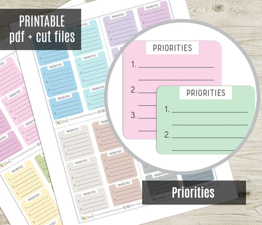 Sheet of priority labels with various colors on a wooden surface