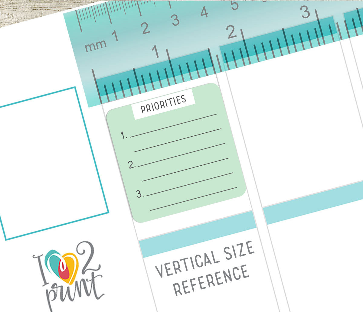 Planner stickers with a priority list sticker and ruler for vertical size planner reference