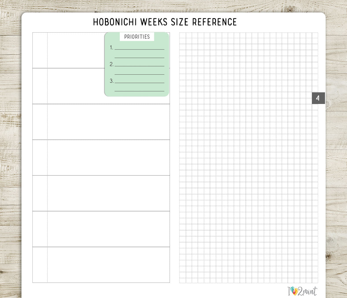 Priorities list stickers on a Hobonichi Weeks size reference sheet