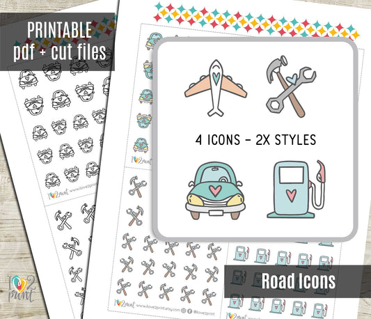 Printable Travel Icons Stickers – Plane, Car, Gas & Tools – Instant Download PDF + Cut Files