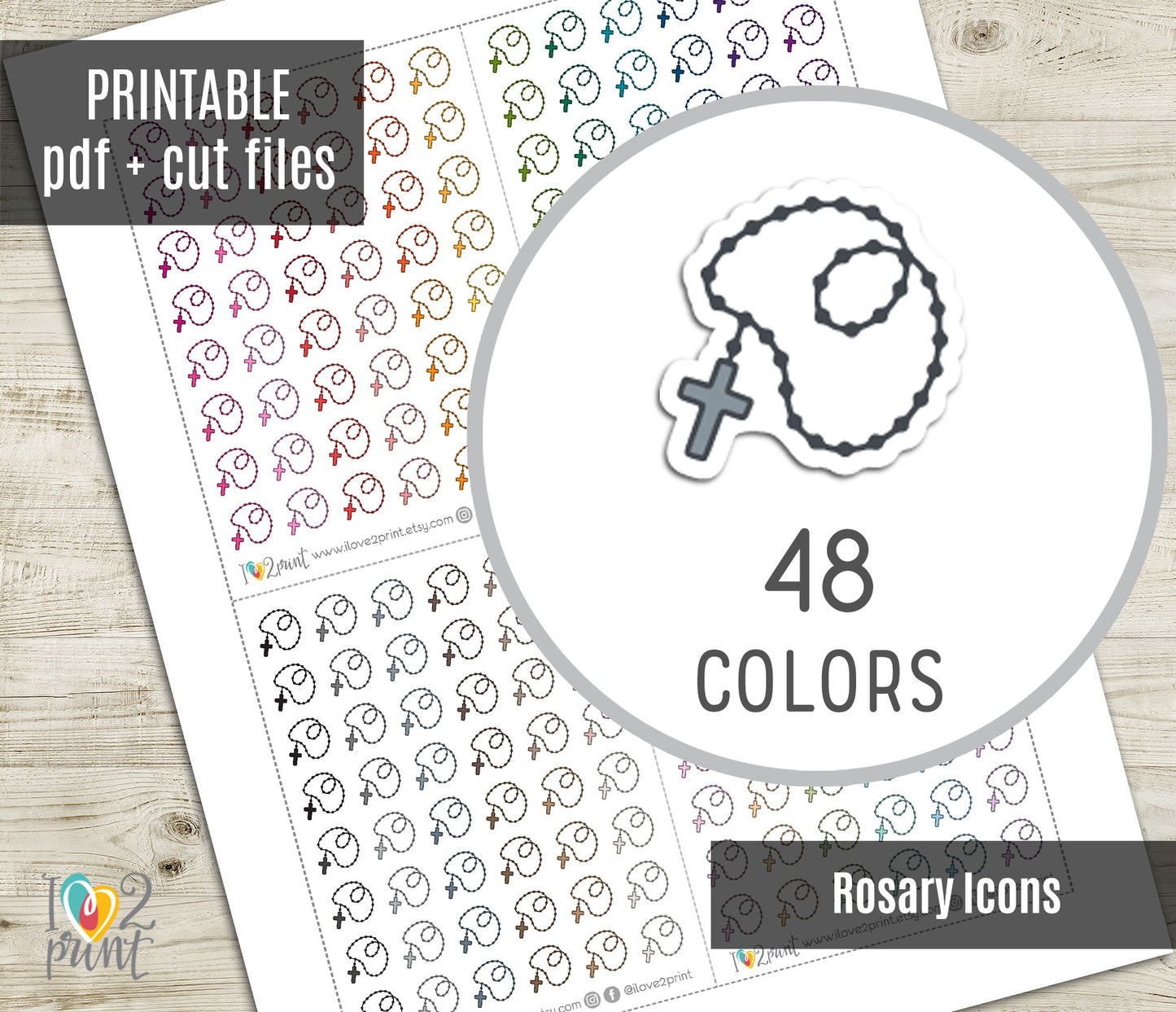 Rosary Mini Icons – Functional Printable Stickers in 48 Colors – PDF & Cut Files
