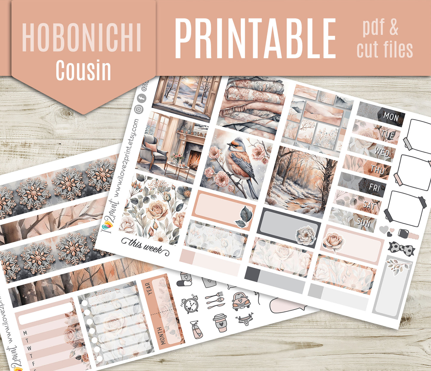 Rose Winter Hobonichi Cousin Printable Stickers | A5 Floral Night Daily | PDF Cut Files