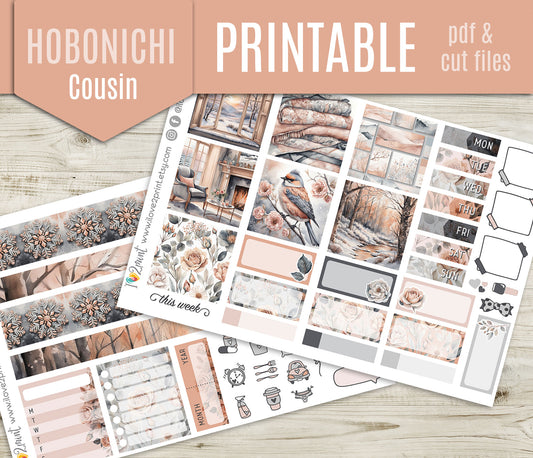 Rose Winter Hobonichi Cousin Printable Stickers | A5 Floral Night Daily | PDF Cut Files