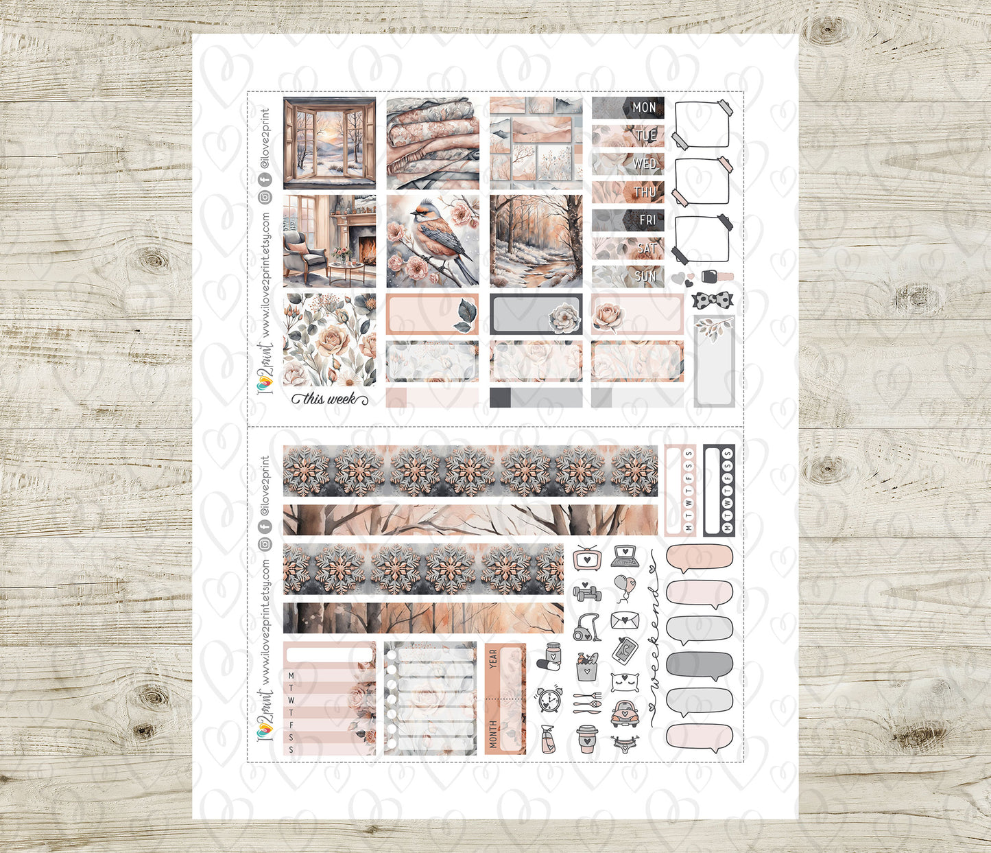 Rose Winter Hobonichi Cousin Printable Stickers | A5 Floral Night Daily | PDF Cut Files