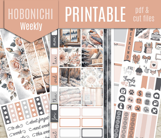 Rose Winter Hobonichi Weeks Printable Stickers | Slim Floral Night | PDF Cut Files | Instant Download