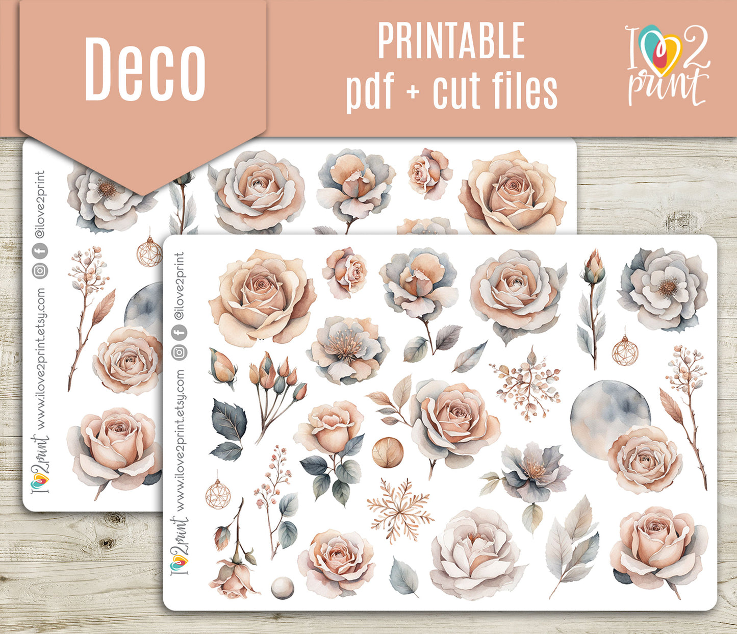 Rose Winter Decorative Printable Stickers | Floral Night Elements | PDF Cut Files | Instant Download
