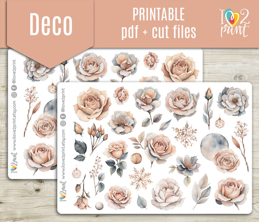Rose Winter Decorative Printable Stickers | Floral Night Elements | PDF Cut Files | Instant Download