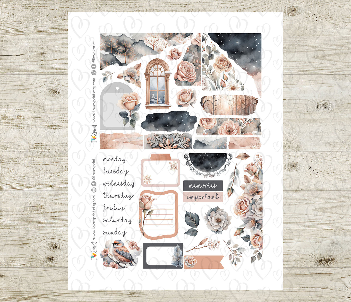 Rose Winter Journal Printable Stickers | Cozy Bujo Floral Night | PDF Cut Files | Instant Download