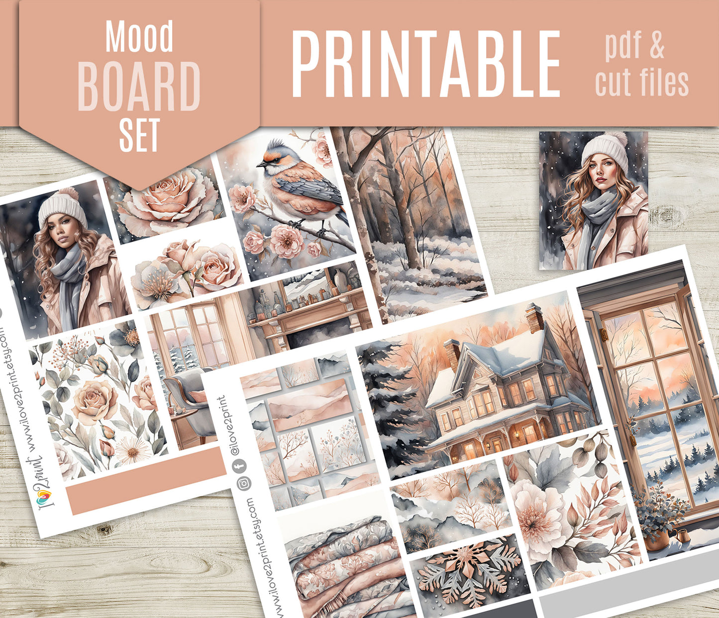 Rose Winter Moodboard Printable Stickers | 1.5" Boxes Various Heights | PDF Cut Files