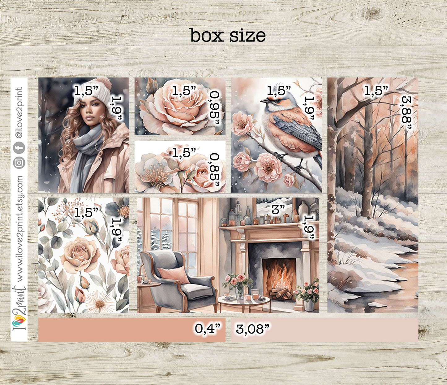 Rose Winter Moodboard Printable Stickers | 1.5" Boxes Various Heights | PDF Cut Files