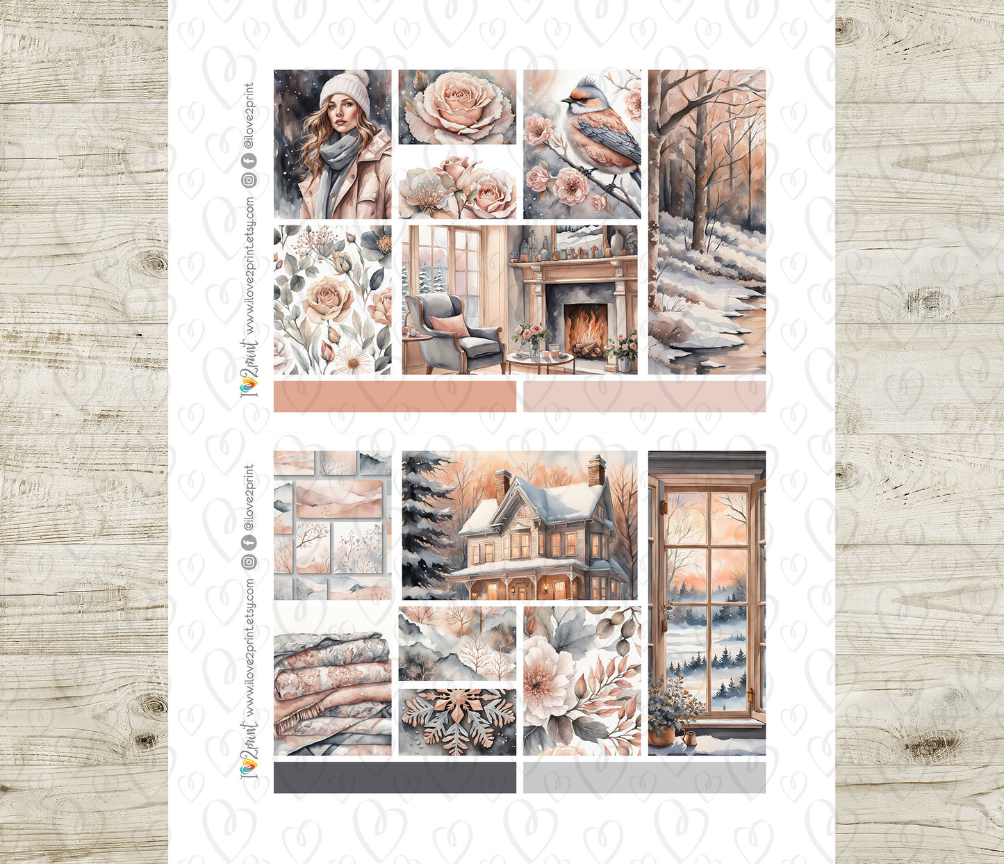 Rose Winter Moodboard Printable Stickers | 1.5" Boxes Various Heights | PDF Cut Files