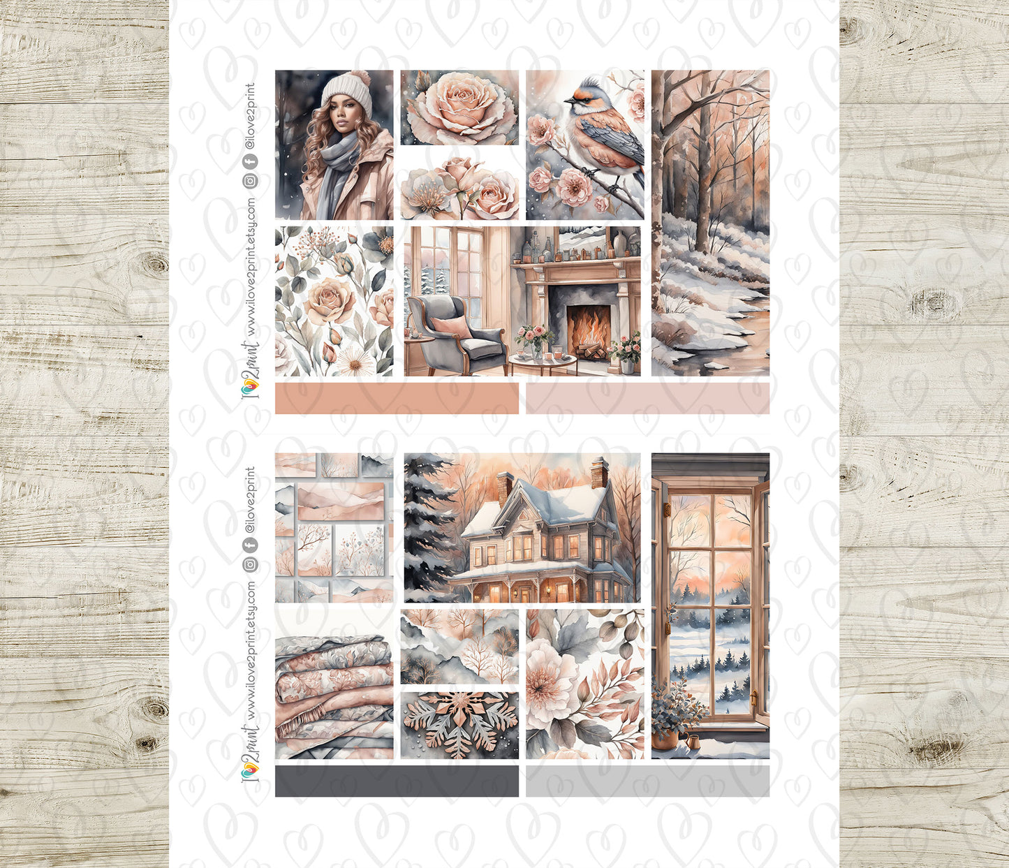 Rose Winter Moodboard Printable Stickers | 1.5" Boxes Various Heights | PDF Cut Files