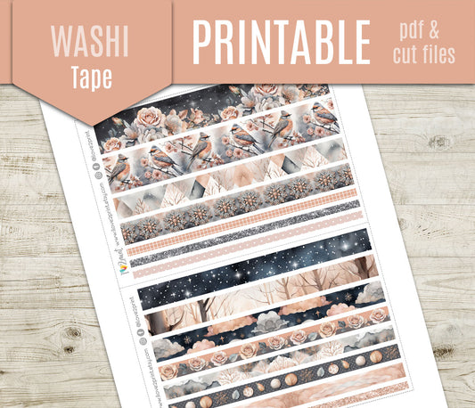 Rose Winter Washi Tape Printable Stickers | Floral Frost Borders | PDF Cut Files | Instant Download