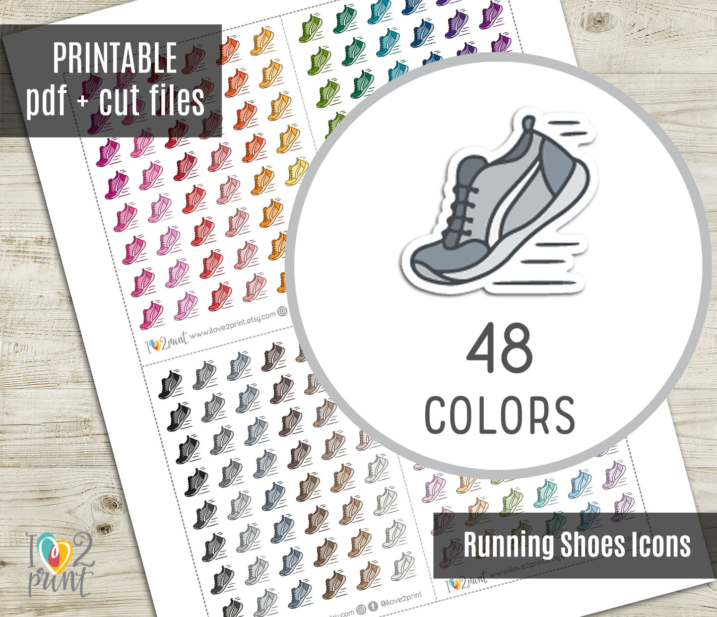 Running Shoes Mini Icons – Functional Printable Stickers in 48 Colors – PDF & Cut Files