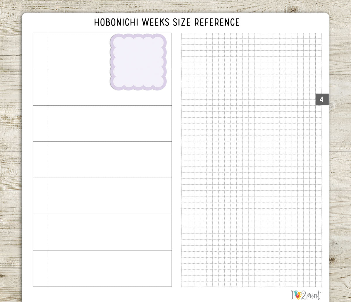Hobonichi Weeks size reference sheet with grid and a scallop box sticker on a wooden surface