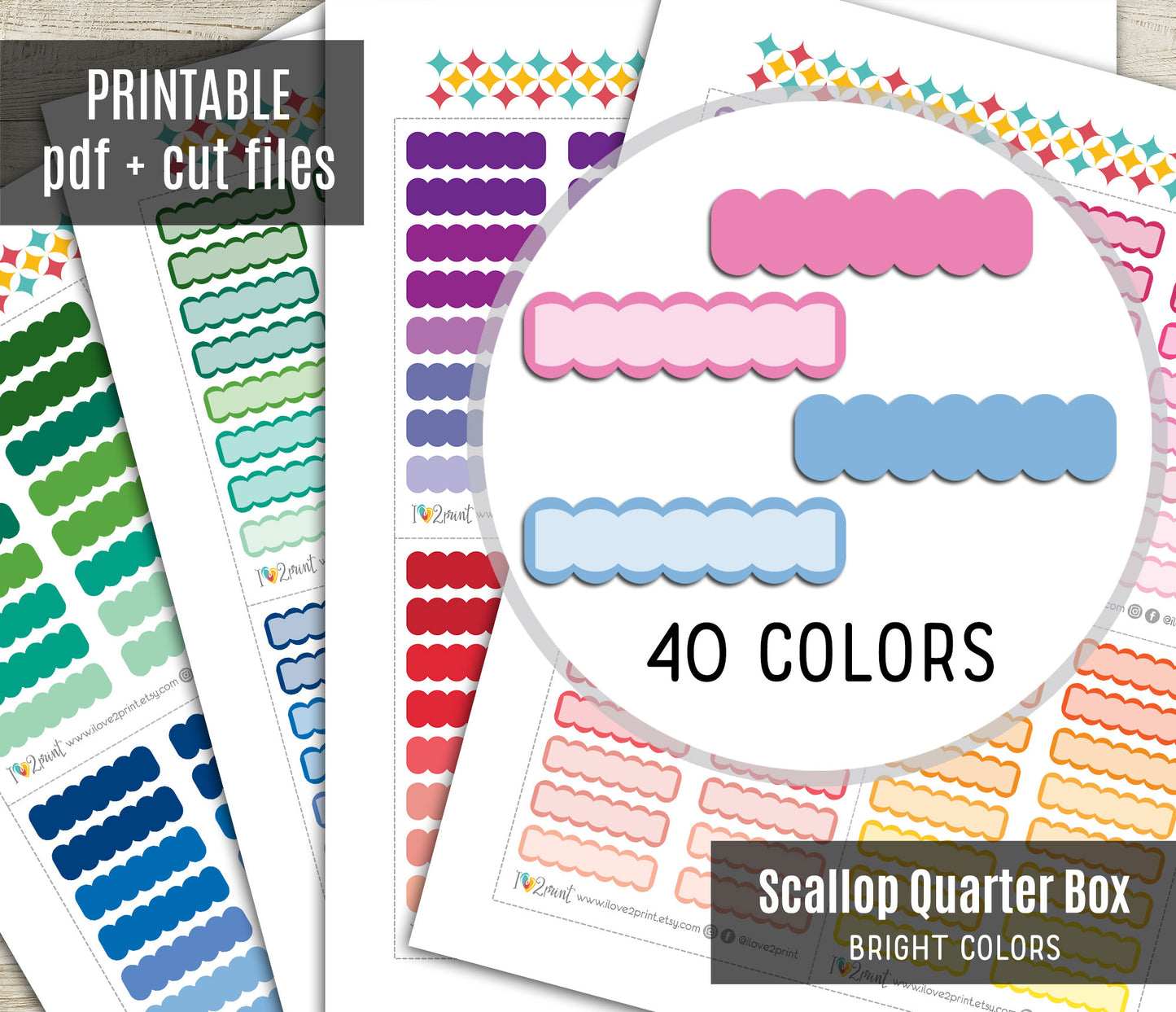Scallop Quarter Boxes - Printable Planner Stickers  - PDF & Cut Files