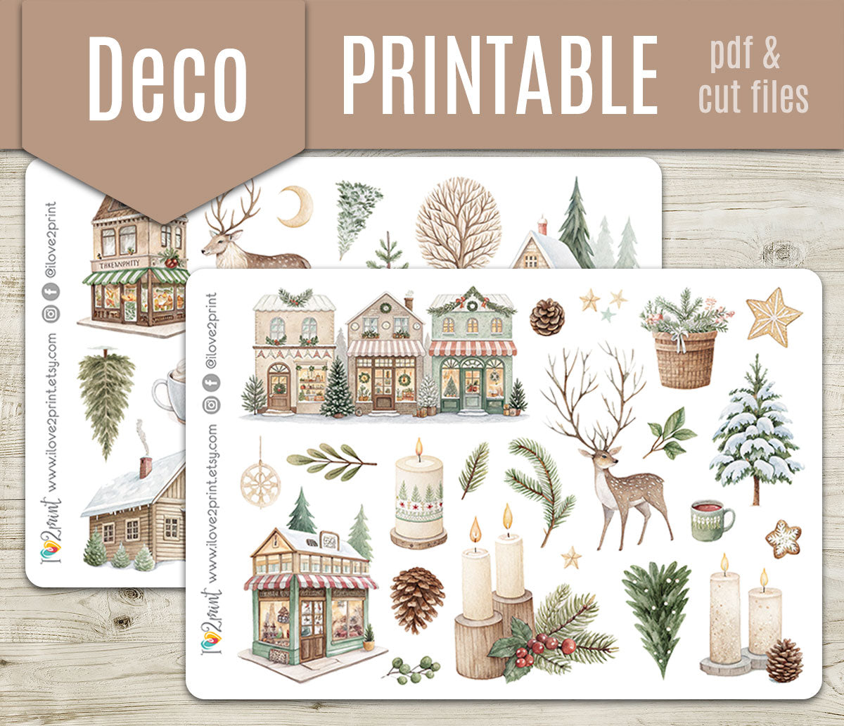 Scandinavian Holidays  –  Christmas Decorative Stickers – Printable PDF & Cut Files