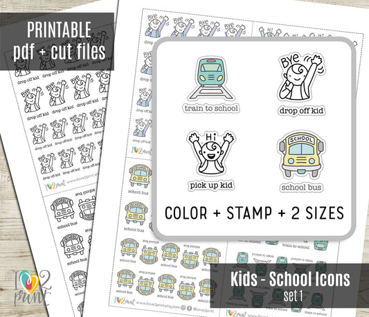Children's Transportation Icons Stickers – Printable (drop-off/pick-up, school buses & train) - PDF & Cut Files