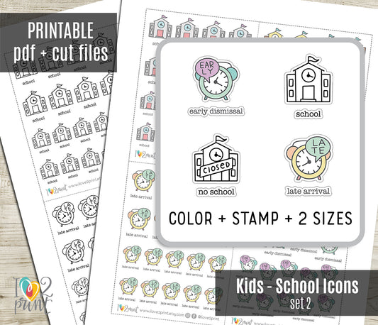 Children's School Schedule Icons Stickers – Printable (School, No School, Early Dismissal and Late Arrival) - PDF & Cut Files