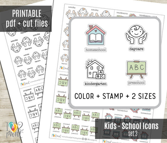 Children's Early Education  Icons Stickers – Printable (Homeschool, Kindergarten, Pre School and Day Care) - PDF & Cut Files