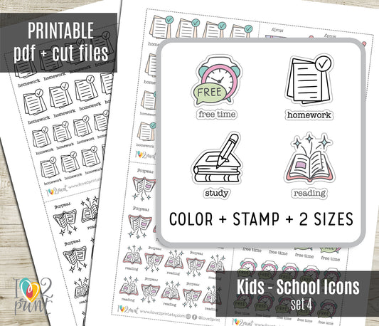 Children's Activity Icons Stickers – Printable (Free Time, Homework, Study and Reading) - PDF & Cut Files