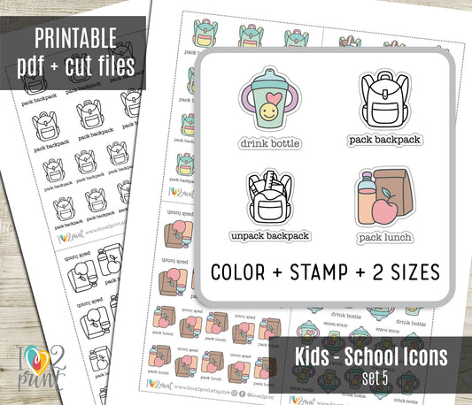 Children's Daily Prep Icons Stickers – Printable (Drink Bottle, Pack, unpack backpack, pack lunch) - PDF & Cut Files