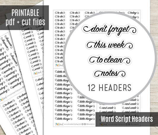 12 Script Words Headers Printable Stickers – Elegant Planner Labels