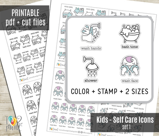 Children's Hygiene Routine Icons Stickers – Printable (wash face, hands, bath time and shower) - PDF & Cut Files