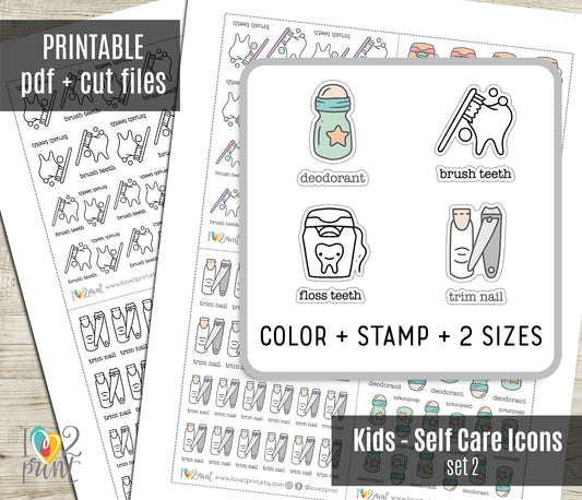 Children's Hygiene Essentials Icons Stickers – Printable (deodorant, brush, floss teeth and trim nail) - PDF & Cut Files