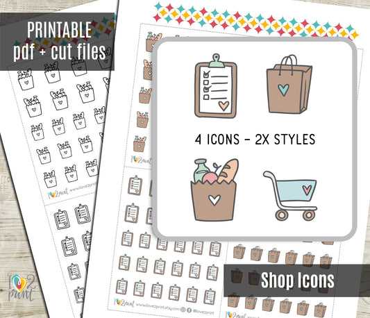 Shopping Icons Stickers Set  - Functional Printable Stickers - PDF & Cut Files