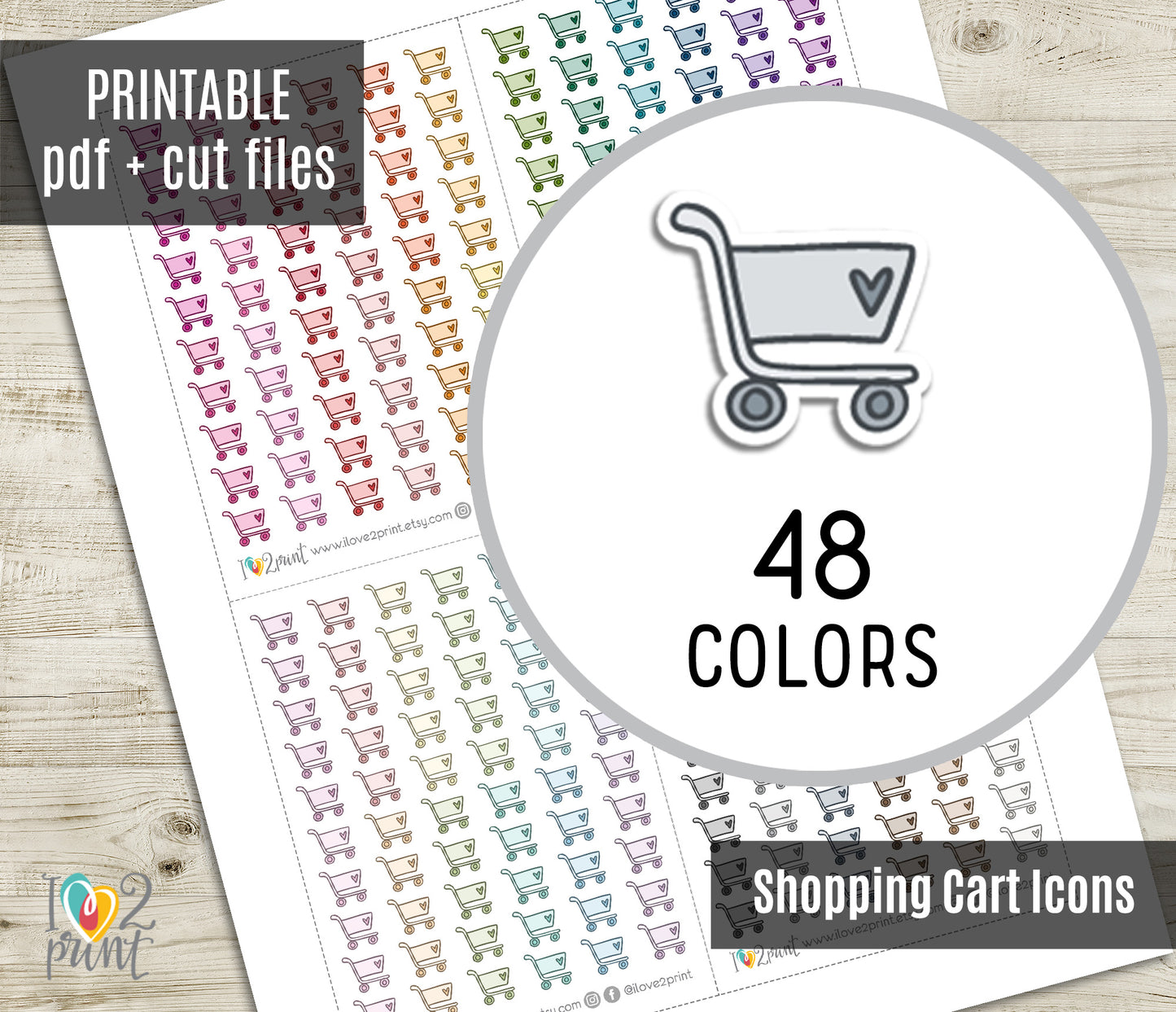Shopping Cart Mini Icons – Functional Printable Stickers in 48 Colors – PDF & Cut Files