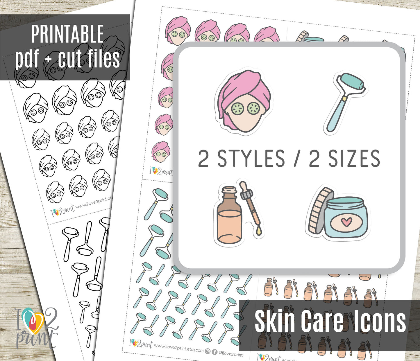 Skin Care Icons Stickers Set  - Functional Printable Stickers - PDF & Cut Files