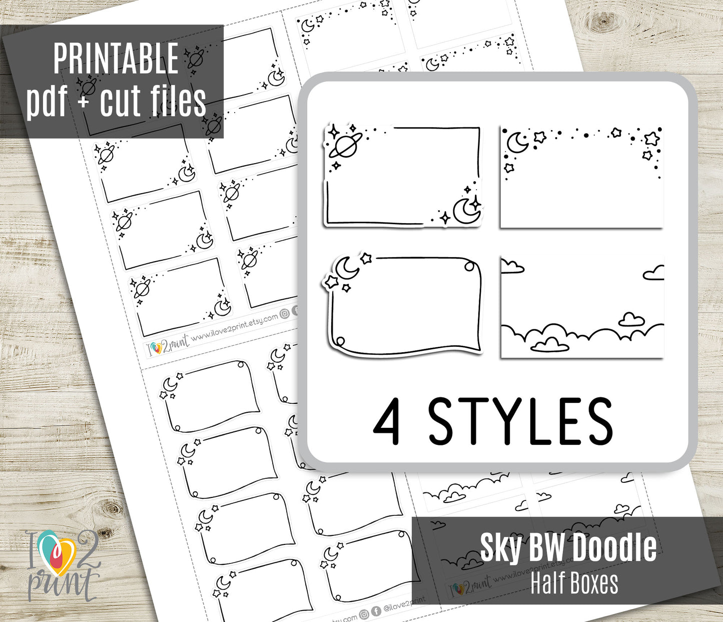 Sky Doodle Notes Printable Planner Stickers | Moon Stars Planets Half Boxes | 4 Variations | PDF Cut Files